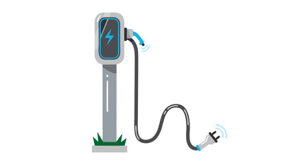 Electric vehicle charging station with fast charger and power cable illustrating modern renewable energy infrastructure