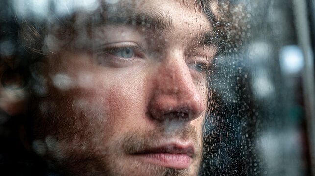 Man looking out window on rainy day