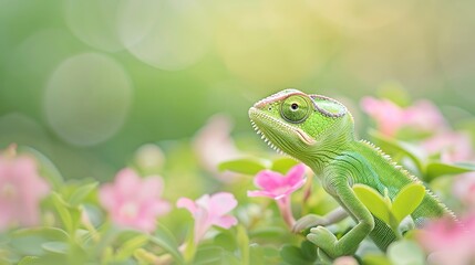 Green chameleon perched among delicate pink flowers in soft sunlight
