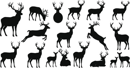 Silhouette deer stag wildlife illustration, forest nature antler animal art, outdoor fauna vector design, mammal pose, hunting, rustic scenery