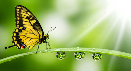 Yellow Butterfly Resting on Dew-Kissed Blade of Grass
