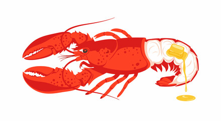 Digital Illustration of a Classic Red Lobster with a Melting Butter Drizzle on a White Background