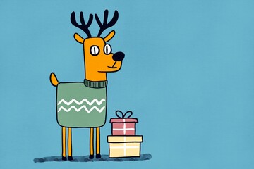 Reindeer in sweater with gifts on a blue background
