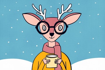 Cozy reindeer illustration with hot cocoa in winter setting