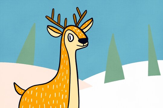 Cartoon reindeer in a snowy winter landscape
