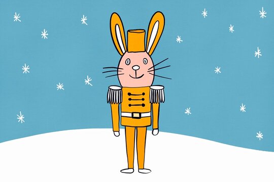 Festive illustration of a nutcracker rabbit in snowy scene