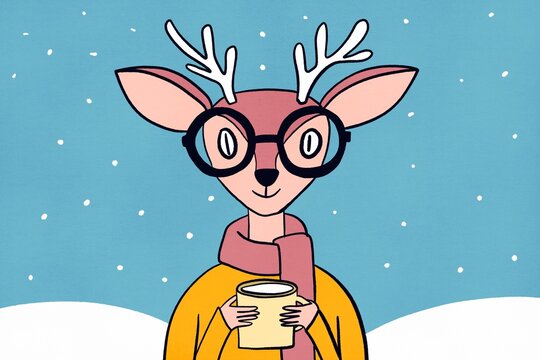 Cozy reindeer illustration with hot cocoa in winter setting