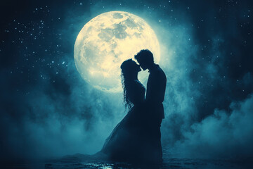 Couple kissing under full moon in moonlight.