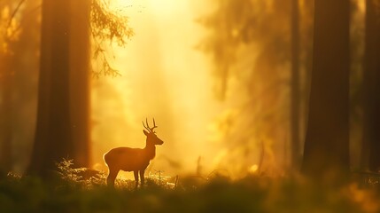 Majestic deer standing in golden forest sunlight