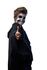 Smiling Child with Skull Makeup Giving Thumbs Up