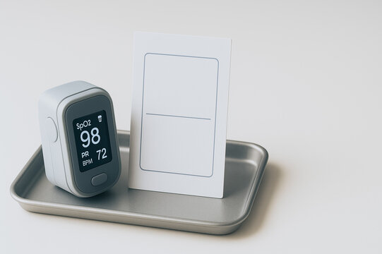 Pulse Oximeter and Chart: A close-up image shows a pulse oximeter displaying vital signs, next to a blank chart, suggesting health monitoring and medical insights.