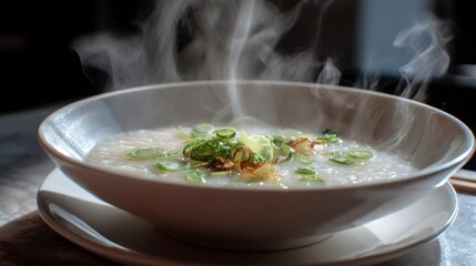Steaming bowl of rice porridge