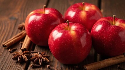Four shiny red apples sit on a wooden surface with cinnamon sticks star anise and cloves - Powered by Adobe