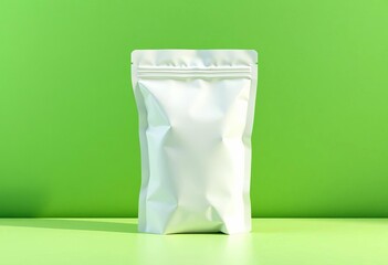 Clean white stand-up pouch on green wall background,  blank,  visual