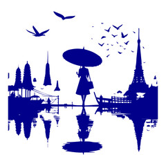 Woman with Umbrella Amidst City Skyline and Birds.