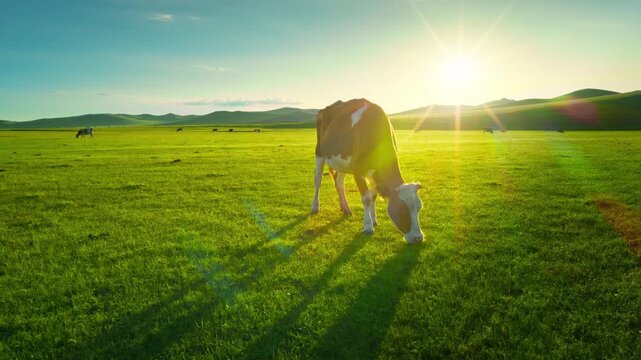 Cow Grazing in a Sunlit Meadow