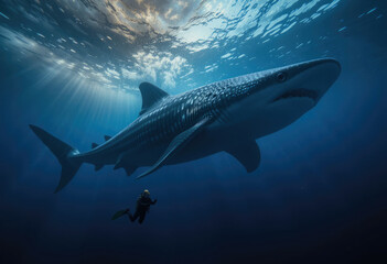 Fototapeta premium Underwater view of a massive whale shark swimming with a scuba diver in deep blue ocean water
