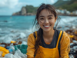 Smiling Asian volunteer collecting ocean plastic on a rocky beach