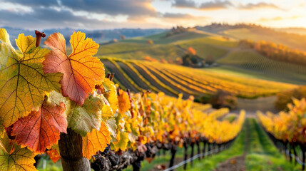 Autumngolden vineyard leaves glowing with warm vibes under soft sunlight on rolling hills creating peaceful and vibrant landscape scene