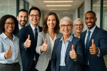 unified corporate team giving thumbs up in office setting, diverse group of professionals celebrating success