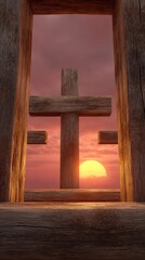 Weathered Wood Cross Against a Sunset Background