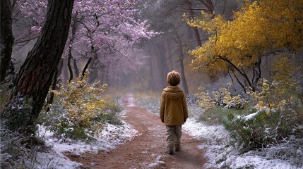 Fototapeta premium Child Walking Alone in a Serene Forest Path