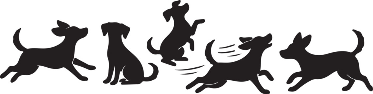 Playful dogs in motion silhouettes running
