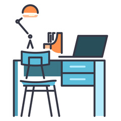 Home office workspace icon.  A flat, simple line icon depicting a home office or remote workspace