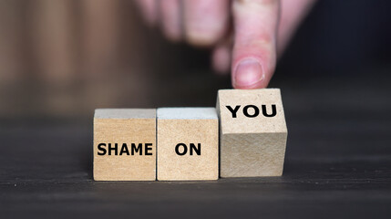 &ldquo;Blocks spelling &lsquo;Shame on You&rsquo;, message of blame, criticism, guilt, social concept, emotion, typography, minimalistic background.