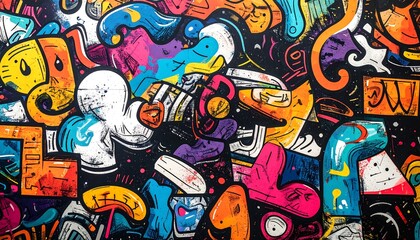 Vibrant Graffiti Art Mural Colorful abstract background with shapes and illustrations.