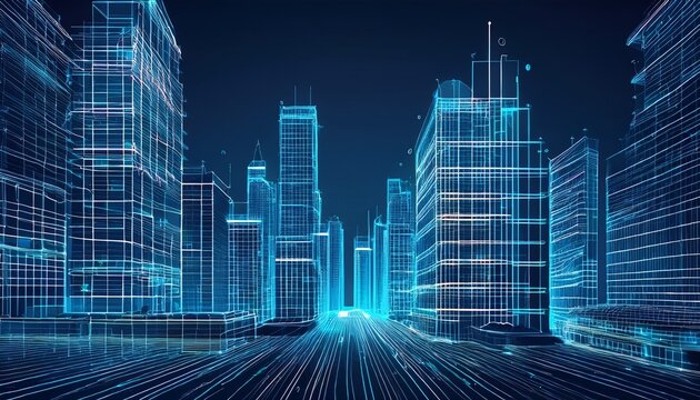 architectural blueprint of modern city buildings in wireframe style