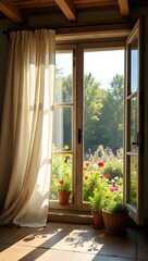 Blooming spring garden outside open window, cozy rustic room filled with light and breeze