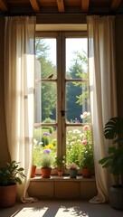 Blooming spring garden outside open window, cozy rustic room filled with light and breeze