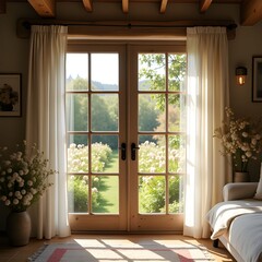 Blooming spring garden outside open window, cozy rustic room filled with light and breeze