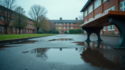 Obraz premium Empty Schoolyard After Rain with Flag Reflection in Puddle and Overturned Bench