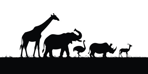 Silhouettes of giraffe, elephant, ostrich, rhinoceros, and antelope on grassland—showcasing African wildlife diversity and natural habitat