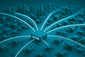 SD-WAN Network Connectivity: A modern representation of an SD-WAN device is at the heart of a network, seamlessly connecting various urban hubs and infrastructure.