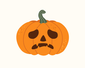 Spooky Halloween pumpkin illustration with carved face, isolated on white background, perfect for autumn holiday designs, festive decorations, greeting cards and seasonal projects