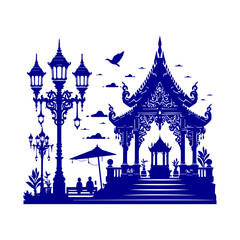 Ornate Thai Pavilion and Street Lamps Silhouette.