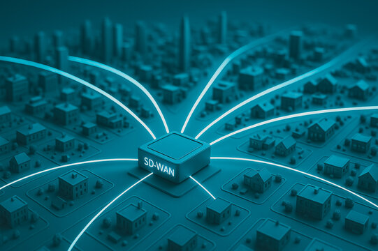 SD-WAN Network Connectivity: A modern representation of an SD-WAN device is at the heart of a network, seamlessly connecting various urban hubs and infrastructure.