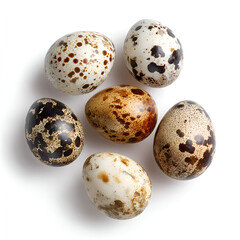 Six speckled quail eggs arranged in a circle on a white background