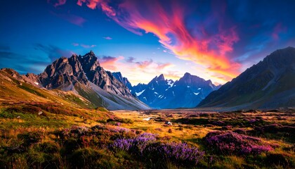 Golden Hour Majesty Vibrant Sunset Illuminates Grand Alpine Mountains and Lush Valley Scenery