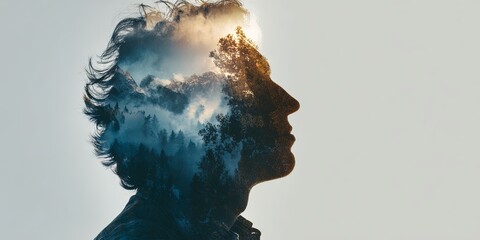 Silhouette of a Person with Abstract Landscape Inside Their Head Representing Creativity, Dreams, and Inner Thoughts