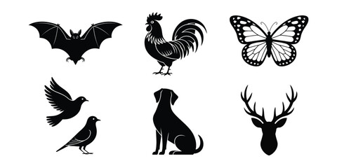 Silhouettes of bat, rooster, butterfly, birds, dog, and deer head—showcasing animal diversity and posture for design and educational use