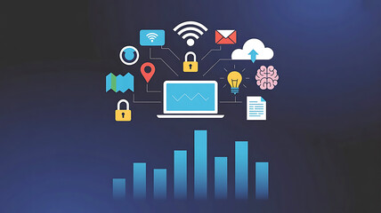 Digital network connectivity icons and data analytics bar chart technology