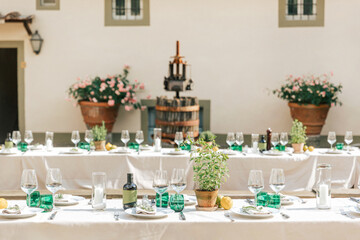 Long rustic wedding tables. Italian outdoor dinner. Eco style event decor with herbs and lemons