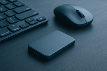 Tech Essentials: A sleek, modern workspace scene showcasing a wireless mouse, compact keyboard, and external hard drive on a clean wooden surface, embodying productivity.