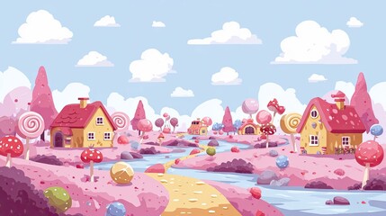 Fantasy candy land with sweet houses, lollipops, chocolate trees and magical pink landscape under sky