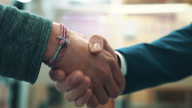 Close-up view of a permissive handshake between two people in casual businesslike clothing.