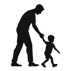 Father teaching child to walk silhouette vector illustration for family bonding and childhood guidance white background